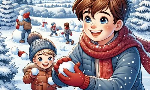 Een 11-jarig jongetje, Tim, met rommelig kastanjebruin haar en door de kou blozende wangen, glimlacht verwonderd terwijl hij een sneeuwbal rolt om een grote sneeuwpop te maken. Hij draagt een dikke blauwe jas, een rode sjaal en een wollen muts. Naast hem is zijn vriend Sam, ook 11 jaar, met blond haar en sprankelende ogen, druk bezig met het opstapelen van sneeuwballen om het lichaam van de sneeuwpop te vormen, terwijl hij vrolijk lacht. Hun omgeving is een prachtig winterlandschap, met majestueuze bomen bedekt met glinsterende sneeuw, een heldere blauwe lucht en zacht vallende sneeuwvlokken om hen heen. In de verte tekenen zich witte heuvels af onder de winterzon. De hoofdscène toont Tim en Sam, verdiept in hun spel, terwijl ze samen een grote sneeuwpop maken en lachen en verhalen delen over de magie van de winter.