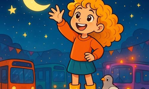 Mira Moonbeam, a young girl with curly golden hair, wears yellow boots adorned with sparkling stars. She has a sparkling smile and mischievous bright eyes as she stands on the roof of a bus, raising her hand in a grand gesture towards the moon, surrounded by twinkling stars. Nearby, a pigeon with a small backpack curiously watches Mira, its white and gray feathers contrasting with the colorful backdrop. The setting is a vibrant and lively bus depot filled with brightly colored buses, some with flashing lights and others gently dancing to joyful music. Stars shine in the night sky, and a light shimmering mist floats in the air, adding a touch of magic to the scene. The main situation shows Mira making a comedic gesture towards the moon, prompting joyful reactions from the buses that start to animate and dance around her, creating a festive and friendly atmosphere.
