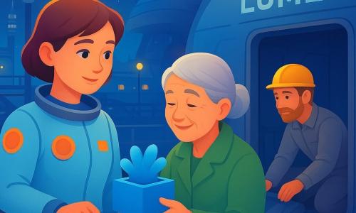 A thirty-year-old woman pilot with short brown hair in a light-blue spacesuit with orange patches, soft focused face and calm smile, holds a handrail of the vessel Lumen looking toward the open bay; to her right a forty-year-old male technician with a light beard, work helmet and dusty gray clothes crouches by the cargo door checking a seal; to her left an older female friend of about sixty with silver hair in a bun and a green coat, eyes creased with joy, receives a small blue foam box (the plant) while standing by the boarding ramp; the scene is the nighttime Asteris spaceport bay Eleven with large metal structures, yellow and blue lanterns, steel gangways, glowing panels and a starry sky with a luminous urban dome on the horizon, Lumen docked and its door repaired, warm light on faces, sharp instrument details, calm clean reassuring mood; graphic style: vivid colors, soft gradients, rounded outlines, light metal and fabric textures, composition centered on the faces and the blue foam box.
