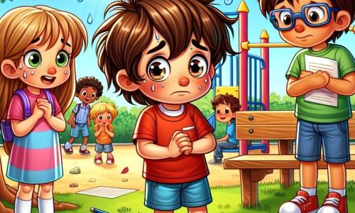 Um garoto de 8 anos, Miguel, está no centro da imagem, com cabelos castanhos bagunçados e olhos brilhantes de nervosismo. Ele usa uma camiseta vermelha e um short azul, suas mãos tremem levemente enquanto olha para os amigos com uma expressão de vergonha e ansiedade. À sua esquerda, Ana, uma menina de 8 anos com cabelos longos e loiros, o observa com um sorriso encorajador, de braços cruzados, pronta para ajudar. À direita, Lucas, um garoto de 9 anos com óculos e cabelos castanhos, segura um roteiro nas mãos, demonstrando compreensão e apoio. A cena acontece em um pátio escolar ensolarado, cercado por árvores verdes e brinquedos coloridos, com crianças brincando ao fundo, criando uma atmosfera alegre. No primeiro plano, Miguel, Ana e Lucas estão perto de uma mesa de madeira, onde folhas de papel e lápis estão espalhados, mostrando seus preparativos para a peça de teatro. A situação principal mostra Miguel, nervoso e hesitante, confessando aos amigos que mentiu sobre suas habilidades de memorizar suas falas, enquanto Ana e Lucas o escutam atentamente, prontos para oferecer ajuda e amizade.