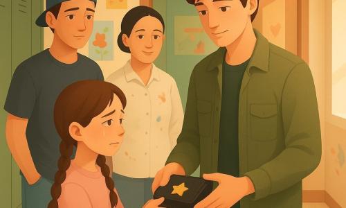 O personagem principal é Leandro, 16 anos, de expressão calma e gentil, cabelo castanho despenteado, jaqueta cáqui leve; ele segura delicadamente um pequeno estojo preto com uma estrela dourada e olha para a menina com ternura. A menina, Leonor, cerca de 10 anos, com rosto envergonhado e aliviado, olhos brilhando por lágrimas secas, tranças e suéter rosa-pálido, estende uma bolsa de tecido contendo o estojo. Bento, 16 anos, veste boné virado para trás e jeans desbotado, está um pouco atrás de Leandro com as mãos nos bolsos e expressão constrangida mas encorajadora. A professora Iara, na casa dos cinquenta, cabelo preso em coque e bata manchada de tinta, apoia-se no batente da porta da sala de artes com olhar sereno. O cenário é um corredor escolar com piso de azulejo bege, armários verdes, paredes decoradas com desenhos coloridos e luz quente entrando por uma grande janela; há cera e manchas de tinta perto da porta. A cena principal mostra a devolução discreta e emotiva de um estojo de aquarela roubado: a menina entrega o objeto, o rapaz o recebe com suavidade, amigos e professora observam numa atmosfera de reconciliação calma e luminosa.