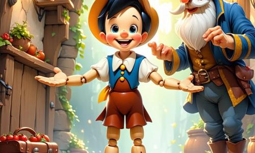 Pinocchio, ein junger Holzjunge mit funkelnden Augen und einem großen Lächeln, steht im Mittelpunkt des Bildes, die Arme weit geöffnet, voller Freude und Aufregung. Seine glatte, glänzende Holzhaut und die leicht verlängerte Nase zeugen von seinen vergangenen Abenteuern. Neben ihm steht ein alter Geschichtenerzähler, ein etwa 70-jähriger Mann mit einem langen weißen Bart und runden Brillen, der warm lächelt und ein altes Buch mit magischen Geschichten hält. Er trägt einen roten Samtanzug und einen Zylinder und bewundert Pinocchio stolz. Im Hintergrund schaut ein kleiner Junge von etwa 8 Jahren mit lockigem Haar und einem gestreiften T-Shirt bewundernd zu Pinocchio, während er einen bunten Ballon hält. Die Szene spielt auf einem großen, bunten Jahrmarkt mit funkelnden Lichtern und Spielständen, umgeben von Blumenketten und Laternen, die eine festliche und warme Atmosphäre schaffen. Pinocchio feiert mit seinen Freunden die Rückkehr der gestohlenen Geschichten, während der Geschichtenerzähler beginnt, ein neues Abenteuer zu erzählen, das alle anwesenden Kinder fesselt.