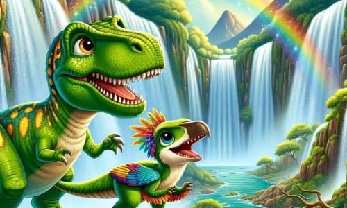 Een jonge Tyrannosaurus Rex genaamd Rexy, met een schitterende groene huid bezaaid met gouden vlekken, toont grote nieuwsgierigheid en verwondering terwijl hij aan de rand van een prachtige waterval staat, met wijdopen ogen en een lichtgeopende mond. Naast hem springt zijn beste vriendinnetje Rina, een behendige Velociraptor met kleurrijke veren, van blijdschap en laat de schoonheid van het tafereel zien, met stralende ogen van geluk. Op de achtergrond stroomt de majestueuze waterval van steile rotsen, waardoor een glinsterende regenboog in de lucht ontstaat, terwijl groene bergen de vallei omringen en een vleugje magie aan het landschap toevoegen. De hoofdscène toont Rexy en Rina die samen de schoonheid van de natuur ontdekken, verwonderd door de pracht van de waterval en de belofte van komende avonturen.