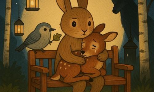 The main character is a small light-brown anthropomorphic rabbit with round hazel eyes, a determined gentle expression and textured fur, delicately holding a trembling spotted fawn against its chest while sitting on a polished wooden bench; a wizened troglodyte bird (old nuthatch) with small grey feathers perches on the bench back to the left, offering a lichen leaf with a kindly look; in the background a large menacing wolf—lean silhouette, brushed dark fur, piercing yellow eyes, sly yet restrained expression—crouches partly in shadow between two trunks at the edge of the circle of light; the setting is a soft nocturnal clearing: the bench centered under hanging lanterns casting warm golden light, ochre leaf litter and green moss, silver birch trunks and a deep starry blue sky visible through the foliage; the scene is calm but tense—the rabbit protects the fawn in the lantern-lit circle while animal friends gather around and the wolf watches from the dark margin.