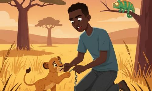 Kofi, a brave, kind young man of about 18, kneels with dirty but gentle hands freeing a small lion cub from a metal trap; the frightened but relieved cub with light reddish fur and sunlit patches reaches a paw toward Kofi and sniffs his hand, while a small colorful chameleon on a nearby branch watches with shifting green and ochre skin; the scene is a vast savannah at dusk with tall golden grasses, baobab silhouettes and an orange-purple sky, warm low light casting long shadows — a tender, heroic rescue beneath a baobab, dramatic yet reassuring, with simple shapes, warm colors and crisp silhouettes.