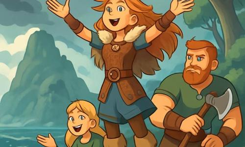 A young woman named Astrid, around 18 years old, stands proudly on a cliff overlooking the turbulent sea. Her fiery hair blows in the wind, and her eyes shine with excitement and determination. She wears a leather tunic adorned with Viking patterns and a fur coat that gives her a brave appearance. Next to her is Bjorn, a tall 20-year-old with a red beard and well-defined muscles, holding a wooden axe with a focused and protective expression. Freya, a 16-year-old girl with blonde hair and sparkling eyes, sits on a rock, laughing and encouraging Astrid, her joy illuminating the landscape. The setting is a mysterious island shrouded in mist, with steep cliffs and majestic trees with silver leaves. The tumultuous sea below crashes against the rocks, while dark clouds gather in the sky. The main scene shows Astrid, ready to face the unknown, raising her arms to the sky as if calling the winds to aid her quest. The other characters encourage her, creating an atmosphere of adventure and camaraderie, while the mysterious island seems to vibrate with magical energy around them.