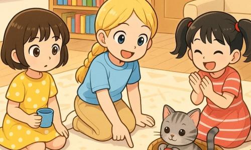 Three 4-year-old girls: Mia—short brown bob, round brown eyes, yellow polka-dot dress, sitting left on a cream geometric rug holding a plastic cup and looking toward the center; Ana—blond braid, smiling, light blue blouse and beige pants, center, tapping a small toy and pointing at a mark on the floor; Bea—black high pigtails, playful, red striped dress, right, clapping and leaning toward a wicker basket where a kitten hides. Setting: a bright warm children's living room with a low shelf of colorful books, a wicker basket by the sofa, a door with a doormat in the background and soft light from a window on the left. Main scene: the three little detectives follow clues—crumbs on the rug, a stuffed toy near the door, a paw print—and find a gray kitten in the basket holding a red sock; calm scene, curious happy expressions, vivid colors and simple shapes.