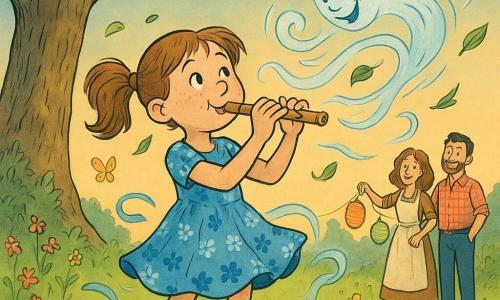 Osiemletnia, radosna dziewczynka z piegami i jasnobrązowymi kucykami gra na małej drewnianej flecie, ubrana w niebieską sukienkę w kwiaty i czerwone botki, patrzy w niebo; personifikowany, figlarny wiatr przybiera postać półprzezroczystej, wirującej wstęgi z rozbawionymi oczami i przywiązanymi liśćmi, tańczy wokół niej unosząc kosmyki włosów, sukienkę, liście i lampiony; obok korzeni starego dębu leży mała, zniszczona zielona książka zatytułowana „Jak zaprzyjaźnić się z wiatrem”, otwarta i oświetlona promieniem słońca; rodzice w tle, uśmiechnięci, przygotowują kolorowe lampiony; wiejski ogród z trawiastym podłożem, masywny dąb po lewej, dzikie kwiaty, kilka świetlistych motyli i pastelowe, różowiejące niebo tworzą ciepłą, świetlistą i lekką atmosferę tej magicznej, zabawnej sceny.