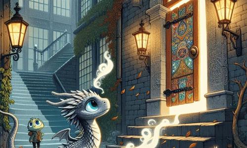 Arin, un tânăr dragon de fumă, stă în picioare pe o mică treaptă de lemn, solzii săi strălucind în nuanțe de gri și albastru, iar ochii săi fiind plini de curiozitate și entuziasm. El privește cu uimire o ușă din lemn vechi, împodobită cu motive misterioase, care pare să vibreze de energie. Lângă el, Ghib, o mică șopârlă urbană cu pielea de mozaic colorat, observă cu atenție scena, fața sa având o expresie de înțelepciune și determinare. El ține o cană de ceai fumegând în labe, pregătit să împărtășească cunoștințele sale. Decorul este o curte ascunsă între două clădiri mari de sticlă, cu pereți acoperiți de iarbă și felinare din fier forjat care emit o lumină blândă și caldă. Umbrele dansează pe paviment, unde frunzele uscate se învârt în voia vântului. Situația principală îl arată pe Arin pregătit să treacă prin ușa misterioasă, în timp ce scări de lumină se ridică în jurul său, simbolizând posibilitățile infinite care îl așteaptă în lumea poveștilor.