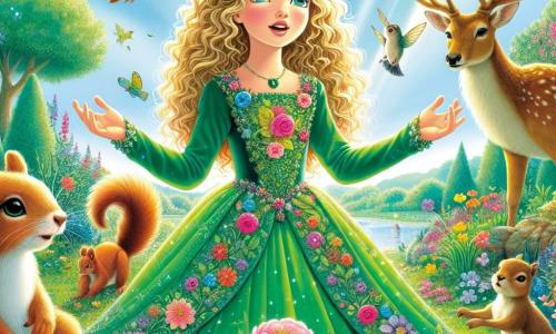 Aschenputtel, ein Mädchen mit lockigem, blondem Haar, trägt ein strahlend grünes Kleid, das mit bunten Blumen geschmückt ist. Ihr Gesicht strahlt Entschlossenheit und Hoffnung aus. Sie steht im Zentrum eines wunderschönen Gartens, die Arme weit geöffnet, als wolle sie die umgebende Natur willkommen heißen. Neben ihr klettert ein kleiner, neugieriger Eichhörnchen auf einen Ast, während im Hintergrund ein majestätischer Hirsch mit prächtigen Geweihen freundlich zu Aschenputtel blickt. Der Garten ist üppig, voller leuchtender Blumen, Laubbäume und einem klarblauen Himmel, in dem bunte Vögel fröhlich fliegen. Die Hauptszene zeigt Aschenputtel, die sich an eine Gruppe von Tieren im Garten wendet und ihnen verspricht, die Natur zu schützen und Müll aufzusammeln, während Sonnenstrahlen die Szene erhellen und eine magische, hoffnungsvolle Atmosphäre schaffen.