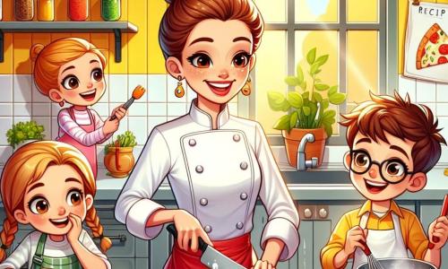Chef Lena, eine lächelnde Frau in den Dreißigern, trägt eine elegante weiße Kochjacke und eine rote Schürze. Ihre braunen Haare sind zu einem ordentlichen Dutt gebunden, und sie schneidet mit großer Geschicklichkeit bunte Gemüse, ihr Gesicht strahlt Freude und Leidenschaft für das Kochen aus. Neben ihr beobachtet Emma, ein 10-jähriges Mädchen mit geflochtenen blonden Haaren, bewundernd, während sie ein Plastikmesser hält und versucht, Lenas Bewegungen nachzuahmen. Tom, ein 11-jähriger Junge mit zerzausten braunen Haaren, konzentriert sich auf die Zubereitung des Pizzateigs, während Mehl auf seinem Gesicht liegt. Ben, ein 10-jähriger Junge mit Brille und kastanienbraunen Haaren, schneidet sorgfältig Gemüse mit einem entschlossenen Gesichtsausdruck. Die Szene spielt in einer großen, hellen Küche mit lebhaften Farben: gelbe Wände, Regale voller Gewürzgläser und Rezepttafeln an den Wänden. Töpfe und Utensilien glänzen auf der Arbeitsfläche, und ein großes Fenster lässt Sonnenlicht herein, das die fröhliche Atmosphäre erhellt. Lena bringt den Kindern bei, wie man eine köstliche Tomatensauce zubereitet, und sie haben Spaß beim gemeinsamen Kochen, lachen und teilen ihre Begeisterung für die Gastronomie.