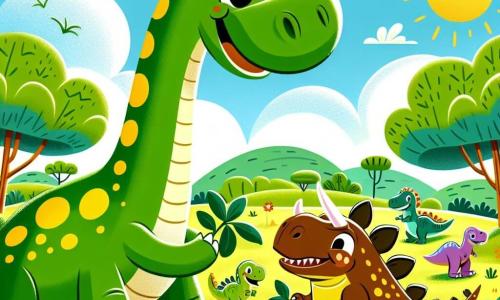 Un grande diplodoco di nome Dino, con un lungo collo e una pelle verde maculata di giallo, si trova felicemente in mezzo a una vasta pianura soleggiata. I suoi grandi occhi brillanti esprimono gioia e amicizia mentre condivide foglie verdi con un imponente tirannosauro, che ha una pelle marrone e denti affilati, ma uno sguardo riconoscente. Intorno a loro, altri dinosauri, come triceratopi e stegosauri, giocano allegramente, aggiungendo colore alla scena. La pianura è punteggiata di alberi verdi e fiori colorati, sotto un cielo blu brillante, creando un ambiente accogliente e vivace. La scena principale mostra Dino che condivide le sue foglie con il tirannosauro, illustrando un momento di gentilezza e amicizia tra creature di dimensioni diverse in un mondo preistorico pieno di vita.