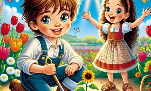 Un niño de 10 años, Lucas, con cabello castaño y ojos brillantes de curiosidad, está agachado en un jardín soleado, sosteniendo una pequeña pala en una mano y una semilla de girasol en la otra. Sonríe con emoción mientras se prepara para plantar la semilla en la tierra fértil. A su lado, su mejor amiga Ana, una niña de 10 años con cabello largo y rizado, vestida con un vestido colorido y sandalias, lo anima levantando los brazos con entusiasmo. El jardín está lleno de flores de colores brillantes: tulipanes rojos, margaritas blancas y narcisos amarillos, bajo un cielo azul claro con nubes ligeras. Mariposas coloridas vuelan alrededor, añadiendo un toque de magia a la escena. Lucas y Ana están plantando semillas de girasol, simbolizando el inicio de la primavera y su compromiso con la naturaleza.