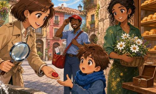 La detective Clara, mujer adulta sonriente y benévola, ojos brillantes y cabello castaño corto, con gabardina beige y una lupa en la mano derecha, ofrece suavemente un botón rojo a Raúl; Raúl, niño de unos 8 años con una gruesa bufanda azul, mejillas sonrojadas y cabello despeinado, sentado en el borde de la fuente, sorprendido y con la mano extendida hacia el botón; Lucía, florista de unos 30 años, viste una bata verde con manchas de polen y lleva un cesto de margaritas, sonríe desde la entrada de la panadería; Paco, cartero de unos 40 años con gorra roja y cartera al hombro, ríe suavemente en la plaza; lugar: frente a una pequeña panadería de piedra con grandes cristales, croissants dorados en la estantería y caja de madera abierta en el mostrador, plaza empedrada con una fuente redonda y edificios coloridos; ambiente cálido, harina que se eleva formando casi la silueta de un gran botón, expresiones y posturas claras y amables aptas para niños.