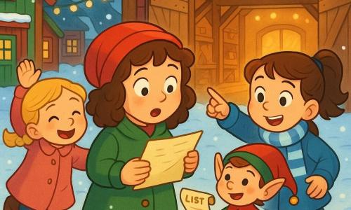 Four characters: three 8-year-old girls—Lila, brown curly hair under a red hat, green coat, holding an aged letter in her left hand and standing center, looking at Elfie in wonder; Mia, brown ponytail, blue-and-white striped scarf, standing right of Lila and pointing toward the workshop, smiling; Sophie, braided blonde hair, dusty-pink coat, left of Lila, hopping with joy—and Elfie, a small boy elf with pointed ears and rosy cheeks in a red-and-green outfit with gold buttons, proudly holding the recovered list while standing slightly elevated on a small gift. Setting: Santa's workshop village with snow-dusted cobblestone lanes, red-and-green wooden houses, warm-lit windows, yellow string lights, and a large open wooden workshop door glowing inside. Scene: the girls have found the letter and meet Elfie who shows the recovered list; joyful atmosphere, gentle falling snow, glowing garlands, bright contrasting colors, happy expressions, centered composition with the workshop in the background, soft rounded illustrative style with clean lines and light shadows.