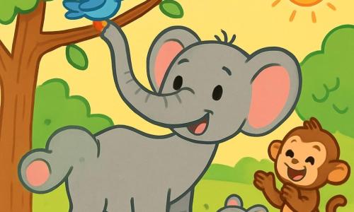 Ein fröhlicher Elefant namens Elli, mit grauer Haut und großen rosa Ohren, hilft einem kleinen blauen Vogel namens Pia, von einem Ast herunterzukommen, indem er seinen langen Rüssel benutzt. Elli hat ein warmes Lächeln und strahlende Augen, die ihre Freundlichkeit zeigen. Neben ihnen applaudiert ein schelmischer Affe namens Max, mit braunem Fell und einem neugierigen Schwanz, begeistert, während eine kleine Maus namens Mia, mit grauem Fell und großen, schelmischen Augen, bewundernd zuschaut. Sie befinden sich auf einer sonnigen Lichtung, umgeben von grünen Bäumen mit glänzenden Blättern und bunten Blumen, die im Wind tanzen. Die Szene zeigt Elli, der Pia sanft mit seinem Rüssel zieht, und schafft einen Moment der Kameradschaft und gegenseitigen Hilfe, voller Freude und Freundschaft.