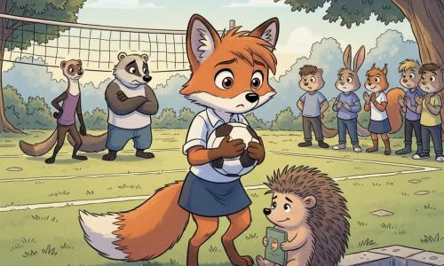 Protagonista: giovane volpe scolara dal pelo rosso caldo e occhi nocciola grandi ed espressivi, volto leggermente preoccupato ma determinato, in primo piano che tiene un pallone da calcio contro il petto in posizione protettiva guardando un compagno; il compagno protetto: piccolo riccio dal corpo tondo e aculei disegnati con linee sottili, volto timido e sollevato, seduto su un gradino del campo stringe il quaderno sorridendo timidamente; i due prepotenti: una donnola magra dall’espressione beffarda e un tasso robusto a braccia incrociate, sullo sfondo a sinistra con sguardi sorpresi e vergognosi, meno minacciosi; altri bambini: alcuni alunni vari (una coniglietta dalle orecchie lunghe, uno scoiattolo curioso) in mezzo cerchio attorno alla scena, espressioni attente e solidali, mani sui fianchi o applauso sommesso; luogo: cortile scolastico all’aperto con prato logoro, linee bianche di gioco, una vecchia rete da volley e tigli sullo sfondo; luce dolce di fine pomeriggio, ombre lunghe e colori caldi; situazione: istante di solidarietà dopo una confrontazione — la volpe protegge il riccio, i prepotenti si sono ritirati e i compagni formano un piccolo cerchio di sostegno, atmosfera di speranza con contrasti caldi/freddi a indicare il cambiamento.
