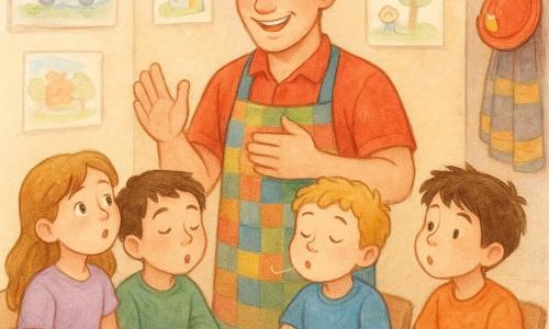 Un pompiere dal sorriso caloroso, con un grande grembiule colorato, è in piedi con un'espressione benevola. Ha capelli corti castani e occhi scintillanti e mostra a un gruppo di bambini come respirare con calma. Attorno a lui, cinque bambini di circa 10 anni, tre maschi e due femmine, sono seduti in cerchio. Ridono e imitano il pompiere, soffiando dolcemente come se spegnessero candele invisibili. La scena si svolge in una sala della caserma dei pompieri, con pareti decorate con disegni colorati e un grande tavolo coperto da una tovaglia a quadri rossi e bianchi. La situazione principale mostra il pompiere che insegna ai bambini l'arte della respirazione calma, creando un'atmosfera gioiosa e rassicurante.