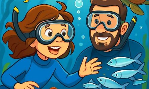 Una ragazza di 12 anni, con capelli castani ondulati e occhi brillanti di curiosità, nuota sott'acqua, meravigliata dalla bellezza del mondo marino. Indossa una muta blu vivace e una maschera da sub, il suo viso radioso di eccitazione. Accanto a lei, suo padre, un uomo di circa 40 anni con capelli corti e una leggera barba, osserva attentamente, con un sorriso orgoglioso, pronto a incoraggiarla. Sullo sfondo, una foresta di alghe ondeggianti, illuminata dai raggi di sole che filtrano dalla superficie dell'acqua, crea un gioco di luci magico. Pesci colorati nuotano attorno a loro, mentre una maestosa tartaruga marina scivola lentamente in lontananza, aggiungendo un tocco di mistero alla scena. La ragazza è affascinata da un banco di sardine argentate che le girano intorno, mentre tende la mano, pronta a toccare una delle creature marine, catturando l'istante di scoperta e avventura sottomarina.