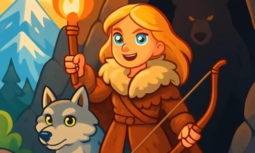Freja, una giovane donna dai capelli d'oro splendente e dagli occhi brillanti come stelle, si trova coraggiosamente davanti all'ingresso di una caverna oscura. Il suo viso esprime una determinazione luminosa, mentre indossa un pesante mantello di pelliccia e tiene un arco di legno intagliato. Accanto a lei, Skoll, un lupo dal manto argentato, la guarda con lealtà, i suoi occhi penetranti riflettono la luce della torcia che Freja tiene. La caverna, circondata da maestose montagne innevate, è decorata con misterose iscrizioni antiche sui muri, e l'aria è carica di un'atmosfera magica e intrigante. La scena si svolge all'alba, con raggi di sole dorati che filtrano attraverso le nuvole, illuminando il cammino di Freja e Skoll. Freja, pronta a entrare nella caverna per recuperare l'amuleto, prova un mix di eccitazione e nervosismo, mentre l'ombra di un orso gigante si profila dietro di lei, aggiungendo una tensione palpabile all'immagine.