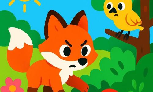 Un pequeño zorro de pelaje naranja brillante y cola esponjosa, con ojos brillantes de determinación, busca una pelota roja en un jardín soleado. A su lado, un pájaro alegre con plumas amarillas y un pequeño pico negro, que mira a su alrededor con una expresión preocupada, se encuentra en una rama de árbol. El jardín está lleno de flores coloridas, árboles verdes y un cielo azul brillante. El zorro y el pájaro están en plena aventura, buscando la pelota perdida entre los arbustos y la hierba alta.