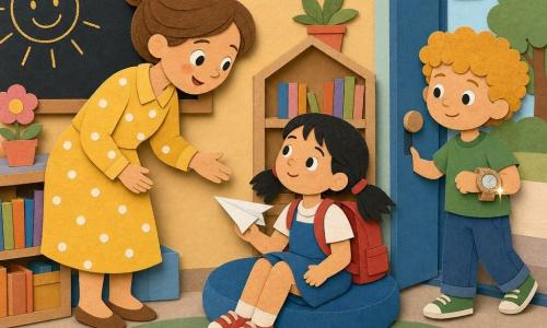 Una maestra sonriente y amable, cabello castaño claro recogido en un moño, vestida con un vestido amarillo de lunares, se inclina hacia un alumno extendiendo la mano con suavidad; una niña de 6 años con coletas negras y cartera roja sostiene un avión de papel junto al rincón de lectura sentada en un pequeño cojín azul; un niño de 7 años de rizos rubios y camisa verde está de pie junto a la puerta con un reloj de cartón que refleja la luz, listo para participar; el aula es luminosa con paredes en tonos pastel, mesas de madera clara, estanterías llenas de libros coloridos y una pizarra grande donde un sol amarillo dibujado con tiza sonríe; detalles de papel recortado: texturas granuladas, sombras suaves, bordes cortados visibles y collages superpuestos; escena tranquila y cálida de descubrimiento: la maestra invita a los niños a resolver un pequeño misterio de la clase en una atmósfera dulce y reconfortante.