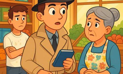 Um homem detetive, Miguel, está de pé no meio de uma mercearia animada, com um olhar curioso e determinado. Ele usa um trench coat bege, um chapéu preto levemente inclinado e segura um pequeno caderno azul em uma mão, enquanto a outra está apoiada no balcão de madeira. Seus olhos brilham de excitação e concentração. Ao lado dele, Dona Rosa, uma mulher de cerca de 50 anos, com cabelos grisalhos presos em um coque e um avental florido, olha para Miguel com uma expressão de preocupação, as mãos apertadas no balcão. Um jovem, Pedro, de cerca de 20 anos, está ao fundo, com manchas de farinha na camiseta branca, os braços cruzados, exibindo uma expressão de nervosismo. A cena se passa em uma mercearia acolhedora, com prateleiras de madeira cheias de caixas coloridas de biscoitos, frutas frescas e legumes. A luz suave do sol filtra pela janela, criando sombras dançantes no chão de azulejos. A situação principal mostra Miguel interrogando Dona Rosa sobre as misteriosas desaparecimentos de biscoitos, enquanto Pedro ouve atentamente, preocupado com o que pode ser descoberto.
