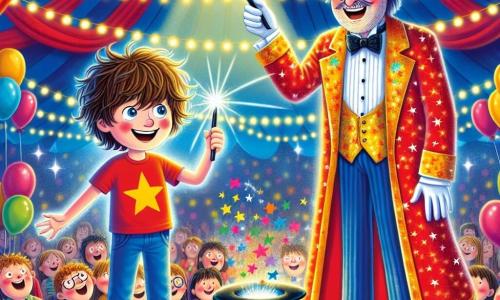 A 12-year-old boy named Oliver stands on stage, his eyes shining with excitement. He has messy brown hair, a red t-shirt with stars, and blue pants. He holds a sparkling magic wand in his hand, ready to perform a magic trick. Next to him is Mr. Mumble, a magician around 40 years old, wearing a colorful suit with a sparkling cape and a slightly tilted top hat. He smiles mischievously, holding a large black hat from which colorful confetti emerges. The backdrop is a large circus tent with red and yellow stripes, filled with twinkling lights and amazed spectators. Balloons float in the air, and children laugh joyfully in the audience. The scene depicts Oliver and Mr. Mumble performing a hilarious magic trick, where Oliver makes a cloud of confetti appear by waving his wand, while the audience applauds and laughs, creating a festive and joyful atmosphere.