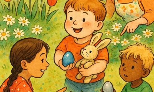 Un bambino di 4 anni, viso gioioso e meravigliato, capelli castani corti, tiene un coniglietto di peluche beige contro il petto e porge un uovo di Pasqua azzurro brillante; una bambina di circa 5 anni con treccia castana e vestito rosso a pois bianchi, sorridente, accovacciata a sinistra riceve l'uovo; un bambino di circa 6 anni con capelli biondi spettinati e maglietta verde, a destra e leggermente dietro, osserva curioso e tiene un uovo argentato da offrire; la mamma (30–35 anni) con un grembiule a fiori sorride e indica una piccola scatola di cartone nascosta sotto un cespuglio di margherite; il coniglietto ha un piccolo naso rialzato, pelo morbido e occhi lucenti; ambientazione in un giardino primaverile con prato verde, tulipani rossi e gialli, margherite bianche e una piccola scia brillante di coriandoli sull'erba, luce dorata del tardo pomeriggio, atmosfera dolce e gioiosa, scambio di uova di Pasqua e scatola scoperta sotto le margherite con pochi uova colorate sparse.