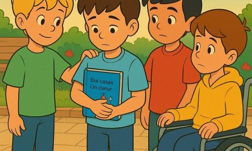 Quatro meninos de 9 anos: Davi (cabelos castanhos curtos, camiseta azul claro com um foguete, caderno azul debaixo do braço, no centro, olhando para baixo), Caio (cabelos loiros bagunçados, camiseta verde, sorrindo suavemente, à esquerda de Davi com a mão no ombro dele), Bento (cabelos pretos lisos, camiseta vermelha, postura reservada, à direita de Davi, mãos juntas) e Luan (cadeira de rodas leve, cabelos castanho‑claro, moletom amarelo, levemente à frente e à direita, virado para Davi). Cena numa escola: pátio pavimentado, banco de madeira envelhecido, canteiro com flores vermelhas e folhas verdes, bola de futebol perto da borda, céu suave e luz dourada de fim de tarde. Situação: os quatro em círculo apertado, gestos de apoio e calma, foco no caderno de Davi com a frase escrita em pequenas letras: "Duas casas. Um coração." Estilo claro, cores quentes, contornos suaves, expressões sensíveis e serenas.