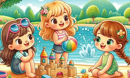 Drei Mädchen, Mia, Lena und Sara, im Alter von 8 bis 9 Jahren, sind am Ufer eines sonnigen Sees versammelt. Mia, mit braunen Haaren und Sonnenbrille, sitzt im Sand und baut eine große Sandburg. Lena, mit lockigen blonden Haaren, steht im Wasser, lacht und hält einen bunten Ballon. Sara, mit kastanienbraunen Haaren und einem Zopf, schwimmt fröhlich und spritzt Wasser um sich herum. Der Ort ist ein wunderschöner See, umgeben von Grün, mit üppigen Bäumen und bunten Blumen am Ufer. Der Himmel ist strahlend blau, mit einigen flauschigen weißen Wolken, und die Sonne scheint hell, wodurch funkelnde Reflexionen auf dem Wasser entstehen. Die Hauptsituation zeigt die drei Freundinnen, die einen perfekten Sommertag genießen, zusammen spielen, lachen und glückliche Momente am See teilen, was Freundschaft und Sommerferien symbolisiert.