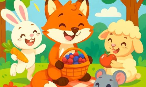 A young fox named Felix, with bright orange fur and a bushy tail, happily smiles while holding a basket filled with colorful berries. He is sitting on a red and white checkered blanket, surrounded by his friends. Next to him, Bella the rabbit, with her white fur and large ears, jumps for joy, holding a crunchy carrot in her front paws. Max the little mouse, with his gray fur and sparkling eyes, is cutting a piece of cheese with a small knife, displaying a mischievous grin. Lucy the lamb, with her soft, curly wool, is sitting and munching on a shiny red apple, her eyes sparkling with excitement. The setting is a sunny clearing, surrounded by green trees with shiny leaves, and colorful flowers dancing in the light breeze. Sun rays filter through the branches, creating bright patterns on the ground. The main scene shows the four friends gathered for a joyful picnic, laughing and sharing delicious treats while enjoying the beauty of nature.
