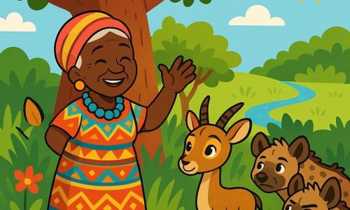 An elderly woman, Mbali, stands proudly under a large baobab, her face radiating wisdom and kindness. She wears a colorful dress with vibrant African patterns, and her eyes shine with warmth. She raises a hand, gesturing confidently to calm the animals gathered around her. Beside her, a young gazelle named Kito, about 5 years old, has hopeful eyes. His coat is golden brown, and he stands with a shy yet determined posture, listening attentively to Mbali. A group of hyenas, led by Kali, a 6-year-old male, stands back, their mischievous eyes watching the scene, their coats spotted with black and gray. The scene takes place in a green clearing surrounded by tall grasses and colorful flowers, with the sun shining above, casting soft shadows on the ground. In the distance, the murmur of a stream adds a touch of serenity to the atmosphere. The main situation shows Mbali proposing a fair solution to share the water source, while the animals around her listen intently, their expressions ranging from concern to hope.