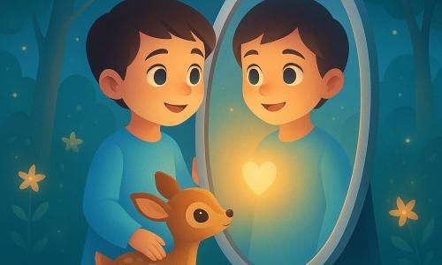 A young man named Elior, with eyes bright as morning dew and a gentle smile, stands before a large silver mirror. He is dressed in a light blue tunic that reflects the moonlight, and his expression is one of wonder. Beside him, a small fawn with eyes sparkling with gratitude stands near his legs, looking at the mirror with curiosity. In the background, an enchanted forest stretches out, with trees bearing shimmering leaves and luminous flowers resembling fallen stars. The main scene shows Elior discovering his reflection in the magical mirror, surrounded by a soft golden glow emanating from his heart, illuminating the clearing around him.