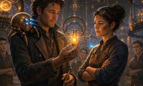 Orin Vale, an exhausted-yet-determined man, delicately holds a pulsing vial of golden starlight while wearing a worn coat with ink-stained fingers and a rune stylus; beside him stands Rell the starsmith, a soot-streaked 35-year-old with lifted goggles, arms crossed but attentive in a leather apron and gloves, judging the vial's safety; Pixo, a small polished-brass spherical drone with three legs and glowing lens-eyes, perches on Orin's shoulder, emitting blue beams; they stand in the vast, warm Forge Hall of Virelia—blackened metal walls, rune-etched vaults, ringed machines and cages with floating star-seeds—during a tense but hopeful moment as Orin offers the light for an energy-softening patch, the golden pulse repelling thin shadow threads while blurred engineers watch expectantly.