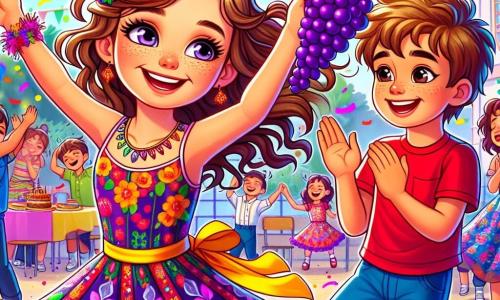 Uma menina de 10 anos, chamada Mariana, com longos cabelos castanhos e olhos brilhantes de alegria, dança com um grande sorriso no rosto, segurando um cacho de uvas roxas nas mãos. Ela usa um vestido colorido, adornado com padrões de flores, que gira ao seu redor enquanto se move com energia. Ao seu lado, um menino de 9 anos, chamado João, com cabelos loiros bagunçados e uma camiseta vermelha, aplaude com entusiasmo, seus olhos brilhando de excitação. Um pouco mais longe, a professora Ana, uma mulher de cerca de 30 anos, com óculos e cabelos castanhos presos em um coque, sorri ao ver as crianças dançarem, de braços cruzados, cheia de orgulho. A cena ocorre em um grande pátio escolar decorado com luzes e balões coloridos, onde crianças riem e se divertem ao redor de uma grande mesa cheia de comidas festivas. A situação principal mostra Mariana e seus amigos celebrando o Ano Novo, dançando alegremente enquanto aguardam a badalada da meia-noite, cheios de entusiasmo e esperança para o ano que vem.
