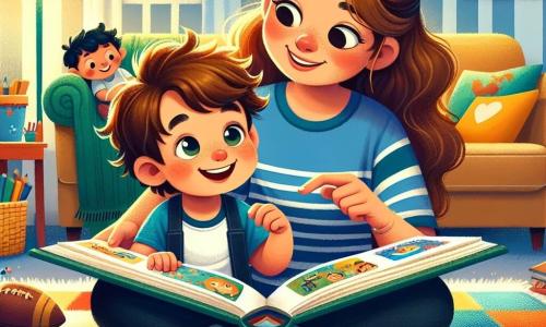 Um menino de 6 anos, chamado Pedro, com cabelos castanhos bagunçados e olhos brilhantes de curiosidade, está sentado em um tapete colorido na sala de estar. Ele sorri amplamente, segurando um grande livro aberto à sua frente, com as pequenas mãos apoiadas nas páginas ilustradas. Ao seu lado, sua mãe, uma mulher de cerca de trinta anos com cabelos longos e ondulados, veste uma camiseta azul e uma calça confortável. Ela se inclina levemente em direção a Pedro, com uma expressão atenta e sorridente, pronta para ouvi-lo e ajudá-lo a entender a história. Ao fundo, seu pai, um homem de cerca de trinta anos com uma barba leve e óculos, está sentado no sofá, olhando para Pedro com um sorriso gentil, segurando uma bola de futebol nas mãos. O ambiente é uma sala acolhedora, decorada com cores vibrantes, com brinquedos espalhados pelo chão e prateleiras cheias de livros. Uma luz suave entra pela janela, criando uma atmosfera acolhedora e alegre. A cena principal mostra Pedro lendo uma história sobre a comunicação entre irmãos, enquanto sua mãe e seu pai o incentivam a compartilhar seus pensamentos e discutir suas próprias experiências.