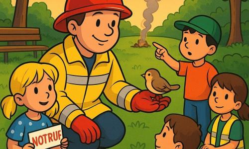 Ein lächelnder, ruhiger Feuerwehrmann mit rundem Gesicht, heller Haut, kurzen braunen Haaren unter einem glänzend roten Helm, geöffneter gelber Warnjacke und einem roten Handschuh in einer Hand kniet im Park und streckt die andere Hand zu einem kleinen Vogel im Busch; links sitzt ein etwa sechsjähriges Mädchen mit blonden Zöpfen im blauen gepunkteten Kleid, das ein Schild „Notruf“ hält und den Feuerwehrmann bewundert, rechts steht ein etwa siebenjähriger Junge mit kurzen schwarzen Haaren, grüner Kappe und orangefarbenem T‑Shirt und zeigt auf entfernten Rauch; drei weitere Kinder (5–8 Jahre, gemischt) in Leuchtwesten sitzen mit gefalteten Händen auf einem grünen Teppich und bilden einen Halbkreis; Ort: städtischer Park am späten Nachmittag mit grünem Gras, hohen Bäumen, bunten Blumen, einer Holzbank, einem Kiesweg und in der Ferne einem erloschenen Lagerfeuer mit dünnem grauem Rauch; Situation: pädagogische Außensitzung — der Feuerwehrmann erklärt ruhig Sicherheitsregeln, die Kinder hören aufmerksam zu, warme, sichere Atmosphäre, kräftige Farben, klare Konturen, goldenes Sonnenlicht, 90er‑Cartoonstil mit weichen Linien und gut lesbaren Gesichtsausdrücken.