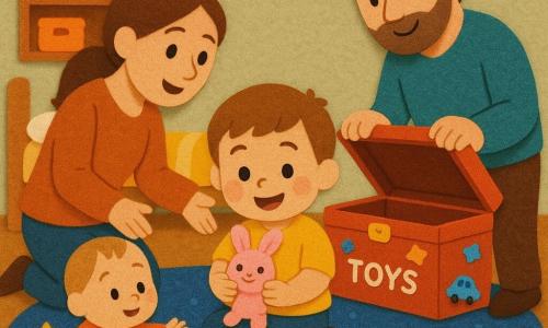 A 2-year-old boy with a round face, rosy cheeks and short brown hair, looking concentrated and joyful as he discovers a small pink plush rabbit in an open painted wooden toy chest; a smiling mother (about 30) with long tied hair kneels to his left, pointing gently at the chest, a reassuring father (about 32) with light beard stands to his right opening the lid, and a curious 9-month-old baby sister sits on a large blue star rug tapping a plastic cup; the bright bedroom has a low bed with a striped blanket, colorful shelves and a red toy chest with stickers, and everyone looks on warmly in a triumphant, cozy atmosphere.
