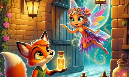 A clever little fox named Finn, with bright orange fur and amber eyes sparkling with curiosity, stands at the center of the image, determinedly gazing at a small jar of shimmering magic he has just discovered. Next to him, a glowing pixie named Lila, with colorful glass wings and a dress made of flower petals, joyfully flits around Finn, her face radiating excitement and enthusiasm. The setting is an enchanted alley in the town of Whiskerwood, where ancient brick walls are covered in ivy and glowing flowers, and magical lanterns float in the air, casting a soft golden light. In the background, a worn wooden door, slightly ajar, reveals jars of colorful magic glowing with a mystical light. The main scene shows Finn and Lila together uncovering the secret of the alley, ready to face the challenge ahead, with an atmosphere of mystery and adventure palpable in the air.