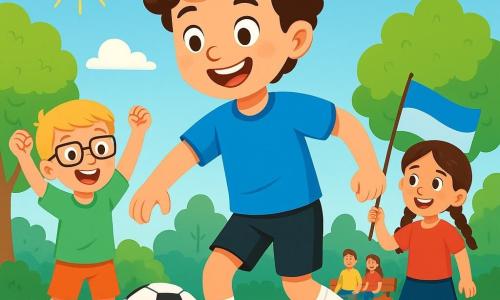 Ein Junge namens Jonas, etwa 12 Jahre alt, steht im Mittelpunkt des Bildes. Er hat braune, lockige Haare, ein strahlendes Lächeln und funkelnde Augen vor Aufregung. Er trägt ein leuchtend blaues Fußballtrikot, schwarze Shorts und glänzende Sportschuhe, während er geschickt den Ball auf dem Platz dribbelt. Neben ihm ermutigt ein 10-jähriger Junge mit blonden Haaren und Brille ihn, indem er die Arme hebt und eine fröhliche, bewundernde Miene zeigt. Ein weiteres Kind, ein 11-jähriges Mädchen mit Zöpfen, steht etwas im Hintergrund, hält eine Fahne des Teams und lächelt stolz. Der Ort ist ein grüner Fußballplatz, umgeben von großen Bäumen und Holzbänken, auf denen Eltern das Spiel beobachten. Der Himmel ist blau mit einigen weißen Wolken, und die Sonne scheint, was eine fröhliche und dynamische Atmosphäre schafft. Die Hauptsituation zeigt Jonas in voller Aktion, wie er entschlossen den Ball dribbelt, bereit, zu einem Mitspieler zu passen, während die anderen Kinder ihn anfeuern und eine Atmosphäre von Kameradschaft und Aufregung auf dem Platz entsteht.
