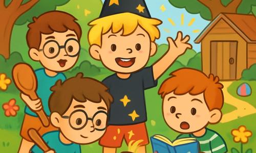 Er zijn 4 kinderen: - Finn: een 6-jarig jongetje met rommelig blond haar en een grote zwarte toverhoed versierd met gouden sterren. Hij staat in het midden, glimlachend, met zijn hand omhoog om zijn magie te tonen. - Bas: een 5-jarig jongetje met bruin haar en ronde bril. Hij houdt een grote houten lepel vast en staat links van Finn, nieuwsgierig kijkend naar een oude schoen. - Siem: een 6-jarig jongetje met rood haar en een open boek in zijn handen. Hij staat rechts van Finn, voorovergebogen om hardop te lezen, met een serieuze uitstraling. - Jip: een 5-jarig jongetje met kastanjebruin haar en een grote glimlach. Hij staat achter Finn, met een paarse knikker in zijn hand, klaar om deze te gooien. De locatie is een zonnige tuin vol kleurrijke bloemen en grote groene bomen. Op de achtergrond staat een klein houten schuilhut met een krakende deur, omringd door bladeren en verspreid speelgoed. Een groene, zachte gazon strekt zich om hen heen uit, en een kleine vijver schittert in de zon. De belangrijkste situatie toont de kinderen die op zoek zijn naar de Gouden Slof, een magische schoen die zingt. Ze zijn allemaal verzameld rond een oude schoen, lachend en zingend samen, met lichtflitsen om hen heen die de magie van hun vriendschap symboliseren.