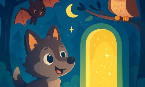 Een kleine wolf met glanzende ogen en zachte vacht, met een nieuwsgierige en blije uitdrukking, staat voor een schitterende lichtdeur in een donkere bos. Hij kijkt verwonderd naar de deur, met zijn oren rechtop en zijn staart kwispelend. Dichtbij hangt een kleine vleermuis met delicate vleugels en een ondeugende glimlach aan een tak, die de wolf met sprankelende ogen observeert. Ze lijkt opgewonden en klaar om te helpen. Een wijze uil met grote ronde ogen en zachte veren, die op een tak zit, kijkt vriendelijk naar de scène, met een kalme en bemoedigende uitdrukking. De scène speelt zich af in een betoverd bos, waar de bomen hoog en donker zijn, hun bladeren glinsteren onder het maanlicht. Sterren twinkelen aan de hemel en een lichte mist hangt over de grond, wat een magische en mysterieuze sfeer creëert. De kleine wolf is van plan de lichtdeur te sluiten, terwijl hij zachte woorden fluistert om de magie van de nacht te kalmeren, terwijl de vleermuis en de uil hem aanmoedigen met bewonderende blikken.