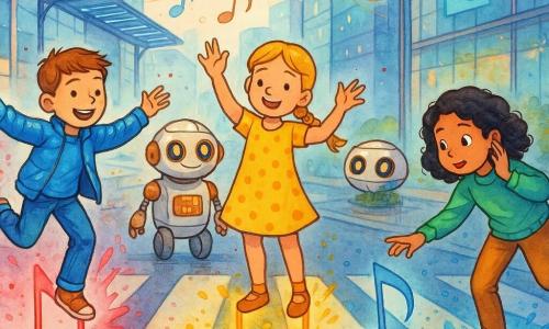 Ci sono quattro personaggi: Luca, ragazzo di 10 anni con capelli castano corti, giacca blu lucida e jeans, che salta su una nota luminosa a sinistra sorridendo; Emma, bambina di 10 anni con treccia bionda e vestito giallo a pois, al centro con i piedi su due note e le mani sollevate come a dirigere la melodia; Sofia, bambina di 10 anni con capelli neri ricci e maglione verde, a destra piegata ad ascoltare con una mano all'orecchio e l'altra verso una nota; e un piccolo robot di quartiere tondeggiante in metallo bianco e rame con occhi LED caldi che sta dietro i bambini sul marciapiede mostrando uno schermo che lampeggia dolcemente. Ambientazione: un attraversamento pedonale futuristico in una strada urbana dove le strisce sono note musicali luminose incastonate nell'asfalto che emettono aloni rosa, blu e gialli, grattacieli in vetro e metallo, pergolati sospesi con nastri LED, pannelli olografici di animali fluttuanti, lampioni sottili e curvi, suolo leggermente bagnato che riflette le luci e piccole piante in vasi metallici lungo il marciapiede. Situazione: i bambini attraversano facendo sì che ogni passo accenda una nota colorata e avvii una melodia, i colori pulsano a ogni passo; atmosfera vivace e calorosa, risate e movimenti ritmici, bagliori che disegnano onde musicali nell'aria, stile a inchiostro colorato con tratti netti, contrasti luminosi e texture acquerellate per i riflessi.