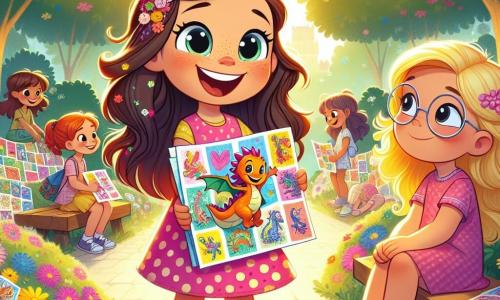 Uma menina de 6 anos, Lúcia, com longos cabelos castanhos e olhos brilhantes, está no centro da imagem, com um grande sorriso no rosto, segurando uma caixa colorida cheia de desenhos de dragões. Ela usa um vestido rosa com bolinhas brancas e sandálias amarelas, expressando uma alegria contagiante. Ao seu lado, Clara, outra menina de 6 anos com cabelos loiros e óculos redondos, olha para Lúcia com admiração, segurando também uma caixa decorada com cores vivas. Elas estão em um parque ensolarado, cheio de flores coloridas e árvores verdes, onde outras crianças brincam alegremente ao fundo. A cena mostra Lúcia e Clara distribuindo seus cartões cheios de desenhos e mensagens de incentivo para crianças sentadas em bancos, criando uma atmosfera de solidariedade e amizade.