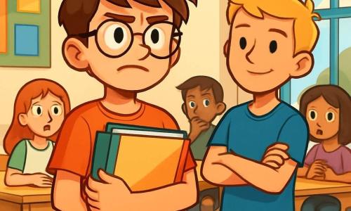 A 12-year-old boy, Ethan, with messy brown hair and glasses, stands in a bright classroom, looking determined yet slightly nervous. His face shows courage, with furrowed brows and a glimmer of hope in his eyes. He holds a folder filled with colorful sheets against his chest, ready to give his presentation. Next to him, his friend Liam, also 12, with blond hair and sparkling eyes, smiles encouragingly, showing his support. He stands slightly back with crossed arms, exuding confidence. The classroom is filled with light wooden desks, colorful posters on the walls, and a large window letting in sunlight, creating a warm and welcoming atmosphere. The main scene shows Ethan speaking passionately about bullying while his classmates listen attentively, some with expressions of surprise and reflection.