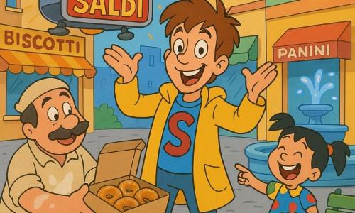 Leo sorridente e concentrato, capelli castani un po' scompigliati, cappotto giallo con grande "S", posa da supereroe con le braccia alzate come se raccontasse una barzelletta; a sinistra il signor Piero, fornaio adulto con baffi e abiti beige macchiati di farina, tiene una scatola aperta di ciambelle e guarda sollevato; a destra una bambina di circa 6 anni in vestito a pois e codini ride e indica le ciambelle vicino alla fontana; un grande drone pubblicitario metallico vola basso sopra la piazza con un pannello lampeggiante "SUPER SALDI" e luci gialle e rosse che riflettono sulle vetrine; diverse ciambelle dorate e zuccherate rotolano sul selciato con zucchero a velo scintillante, alcune quasi ferme vicino a una panchina verde; piazza urbana e gioiosa con selciato grigio, fontana dall'acqua blu, vetrine di panetteria e chiosco di panini; scena principale: Leo al centro, in azione comica che cerca di far ridere il drone e rallentare le ciambelle mentre i bambini ridono.