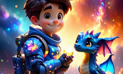 A young man named Leo, with bright eyes and a radiant smile, stands at the center of the stage. He has messy brown hair and wears a sparkling spacesuit full of vibrant colors. Leo expresses great joy and sparkling curiosity as he touches the heart of the nebula, which shines intensely around him. Next to him, a small dragon named Sparkle, appearing to be about 5 years old, with bright blue scales and shimmering wings, joyfully flies. He looks at Leo with admiration, his eyes sparkling with magic. The setting is a magnificent crystal cave, where sparkling stalactites hang from the ceiling and crystal walls reflect rainbow colors. In the background, the heart of the nebula pulses with bright light, illuminating the entire scene. The main situation shows Leo and Sparkle celebrating their victory, surrounded by a magical aura, as they unite magic and technology to save their enchanted world.
