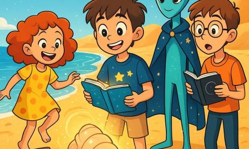 There are 4 characters: Finn, a 10-year-old boy with messy brown hair and sparkling curious eyes, wearing a blue t-shirt with a star pattern and beige shorts, stands in the center holding a shimmering notebook. Mia, a 9-year-old girl with curly red hair in a yellow polka dot dress, is to Finn's left, hopping on one foot on a piece of driftwood with a big smile. Lucas, an 11-year-old tall and thin boy with round glasses and brown hair, is to Finn's right, holding a book on black holes with wide eyes of surprise. Orlo, a tall and thin alien with shimmering blue-green skin and friendly wide eyes, stands slightly behind Finn with a benevolent smile, wearing a starry cape. The setting is a deserted beach with golden sand sparkling in the sun, dunes in the background, and gentle waves lapping at the shore. The bright blue sky is dotted with fluffy white clouds, and golden light illuminates the scene, creating a magical atmosphere. The main situation shows Finn, Mia, Lucas, and Orlo gathered by the water, surrounded by spirals of sparkling sand rising around them, discovering a shell-shaped spaceship emitting a soft glow, while a mysterious melody floats in the air, creating a sense of wonder and adventure.