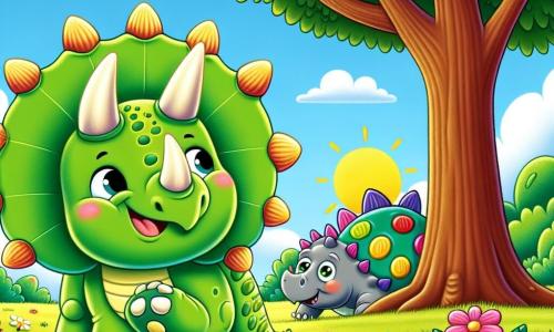 A cheerful Triceratops named Tilly, with bright green skin and three large horns on her head, stands in the center of the image, smiling broadly and playfully lifting a front leg. Next to her, a small Stegosaurus named Sammy, with colorful plates on his back and a smiling face, hides behind a tree, his eyes sparkling with mischief. The setting is a sunny meadow dotted with colorful flowers and tall trees with green leaves, under a clear blue sky with fluffy clouds. The scene shows Tilly playing hide-and-seek with Sammy, looking for her friend with an amused expression, while Sammy, hidden behind the tree, tries not to laugh as he waits for Tilly to find him.